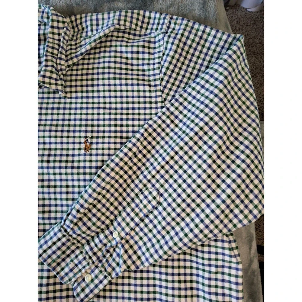 Polo Ralph Lauren Mens 3XB Big & Tall Gingham‎ Button Down Shirt Green Navy Blue